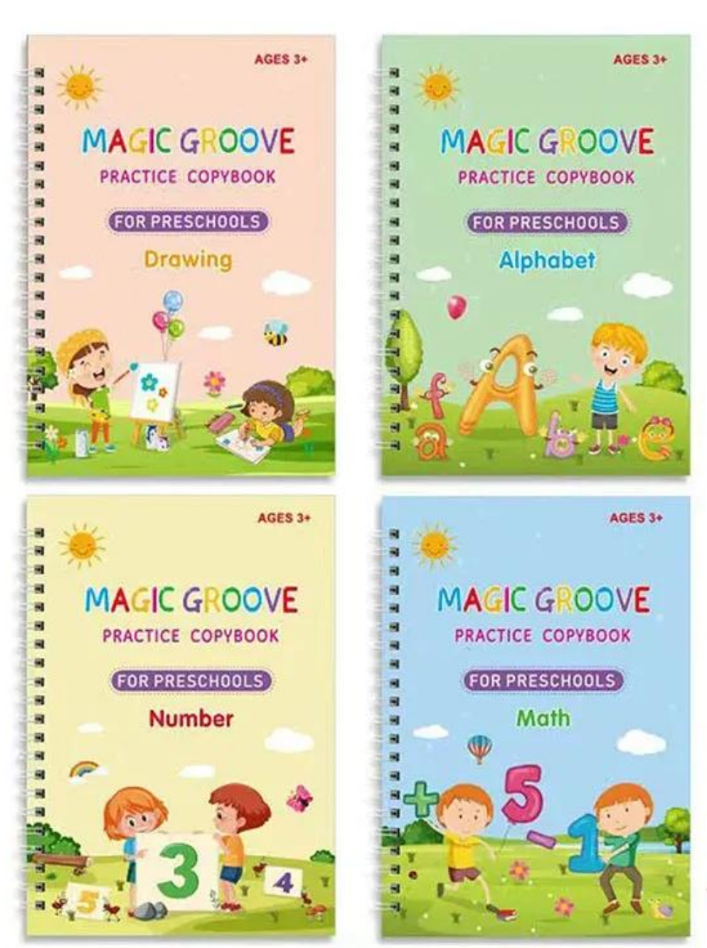 Pack of 4 Magic Practice Books with Refills & Pencil Case – Reusable Embossed Children’s Exercise Set