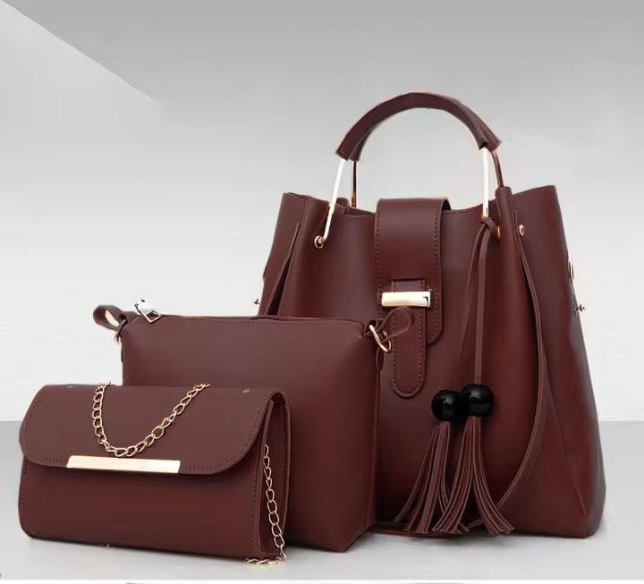 Trendy 3-Piece Brown Leather Handbag Set – Tote, Shoulder Bag & Chain Clutch for Women