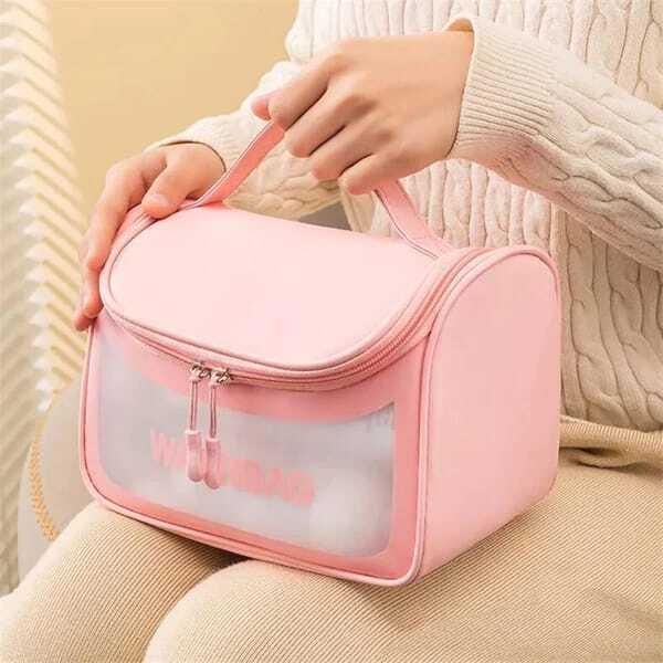 Pink PVC Transparent Waterproof Cosmetics Bag – Portable Makeup & Travel Organizer
