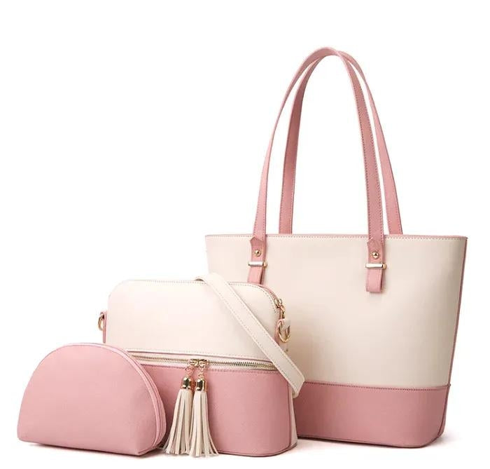 Elegant 3-Piece Pink & White Handbag Set – Tote, Crossbody & Pouch for Women