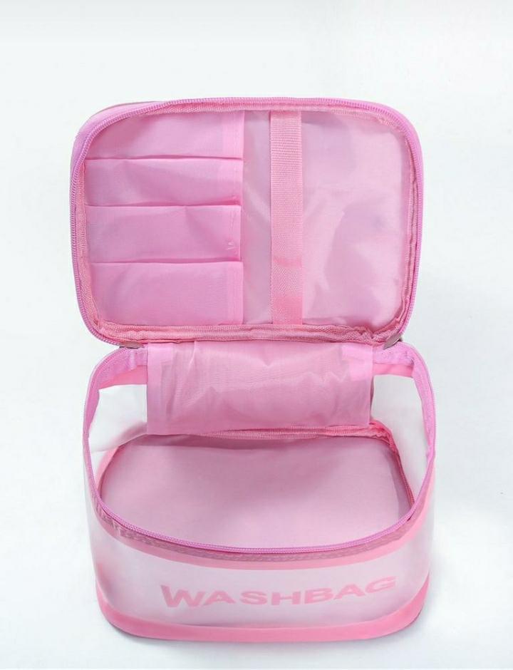 Pink PVC Transparent Waterproof Cosmetics Bag – Portable Makeup & Travel Organizer
