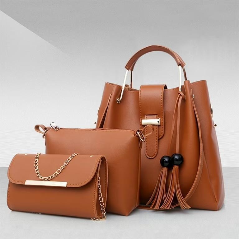 Trendy 3-Piece Brown Leather Handbag Set – Tote, Shoulder Bag & Chain Clutch for Women