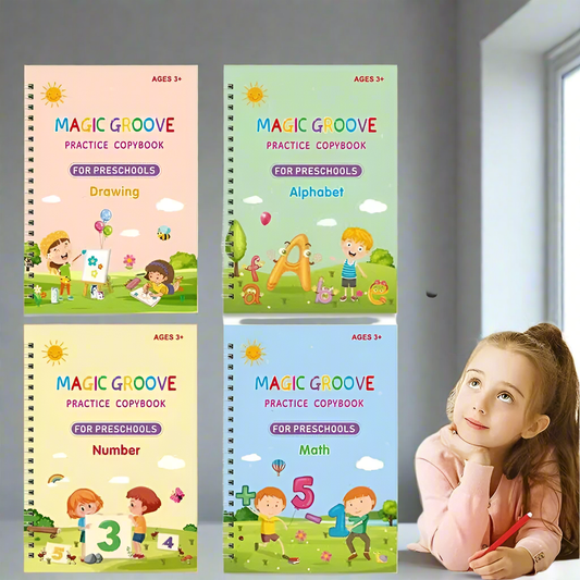 Pack of 4 Magic Practice Books with Refills & Pencil Case – Reusable Embossed Children’s Exercise Set