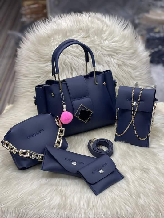 Luxury 5-Piece Black Handbag Set – Tote, Crossbody, Chain Shoulder Bag & Wallets for Women