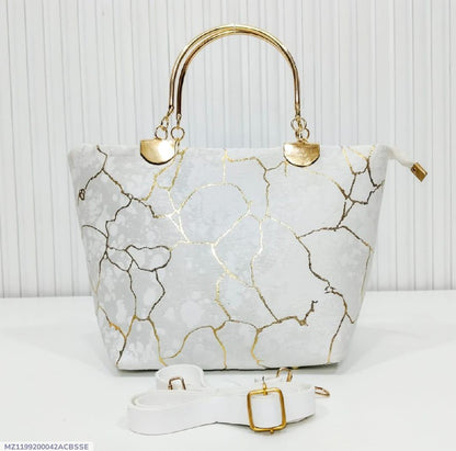 Elegant White Handbag for Women – Stylish Golden Leaf Design Tote with Metal Handle