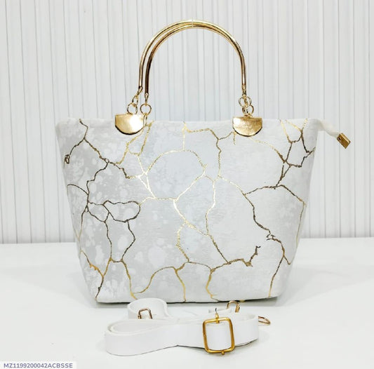 Elegant White Handbag for Women – Stylish Golden Leaf Design Tote with Metal Handle