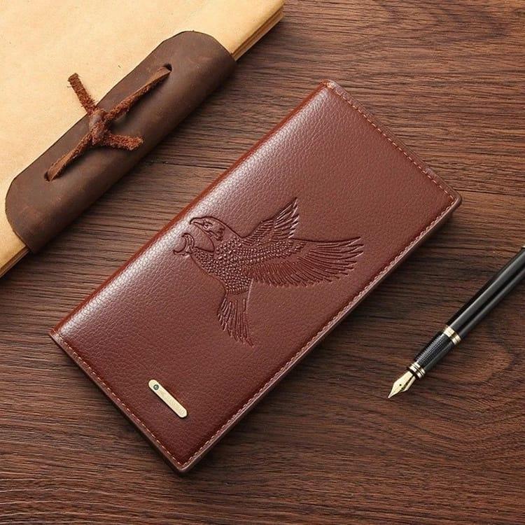 Luxury PU Leather Long Wallet for Men – Embossed Falcon Design