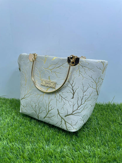 Elegant White Handbag for Women – Stylish Golden Leaf Design Tote with Metal Handle
