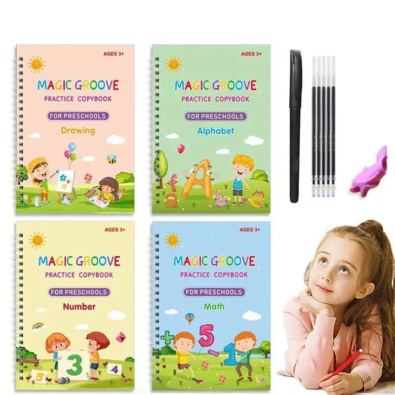 Pack of 4 Magic Practice Books with Refills & Pencil Case – Reusable Embossed Children’s Exercise Set