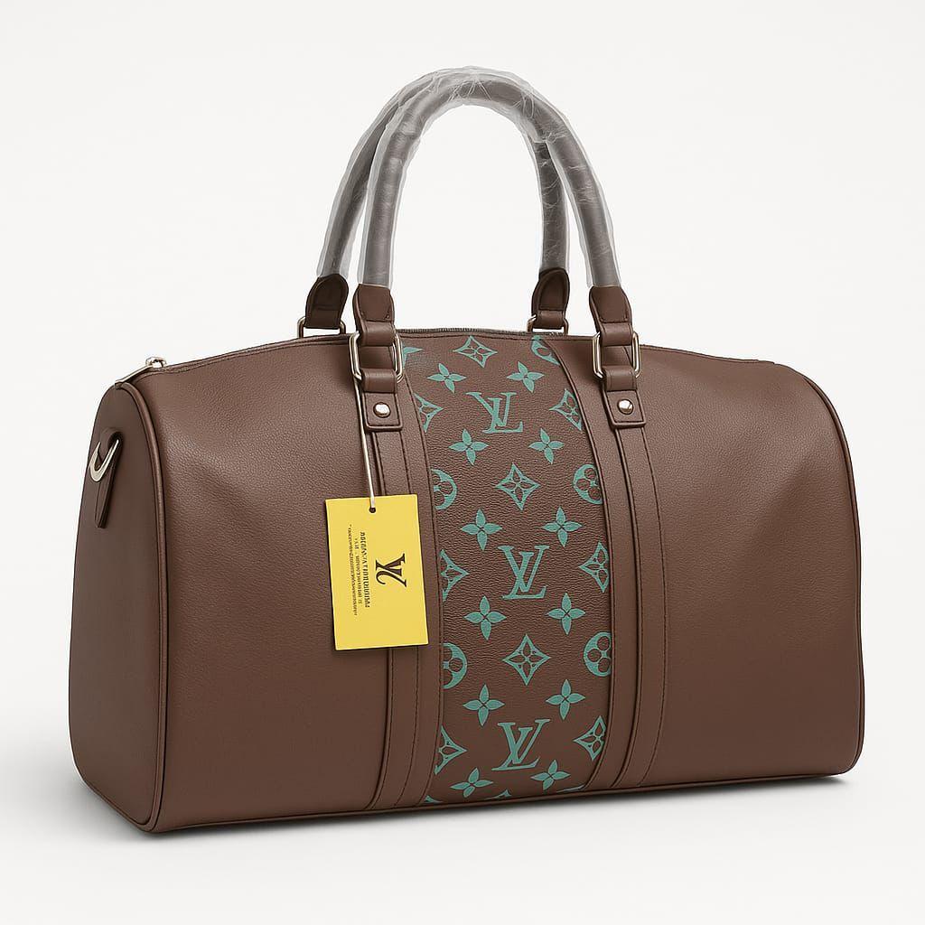 Premium Leather Travel Duffle Bag – Brown with Stylish LV Pattern