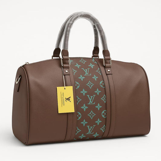 Premium Leather Travel Duffle Bag – Brown with Stylish LV Pattern