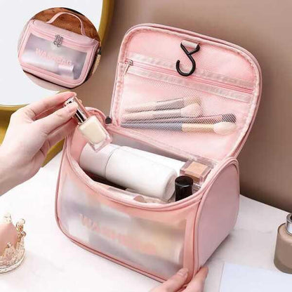 Pink PVC Transparent Waterproof Cosmetics Bag – Portable Makeup & Travel Organizer