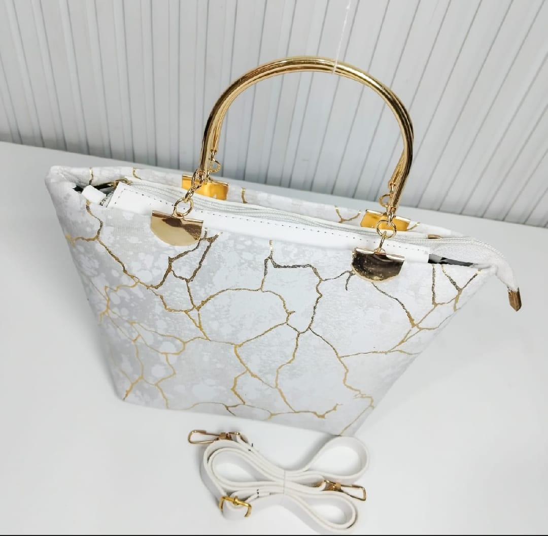 Elegant White Handbag for Women – Stylish Golden Leaf Design Tote with Metal Handle