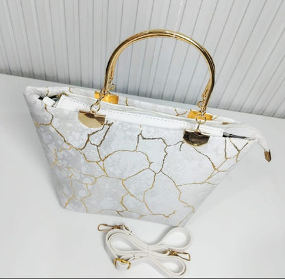 Elegant White Handbag for Women – Stylish Golden Leaf Design Tote with Metal Handle