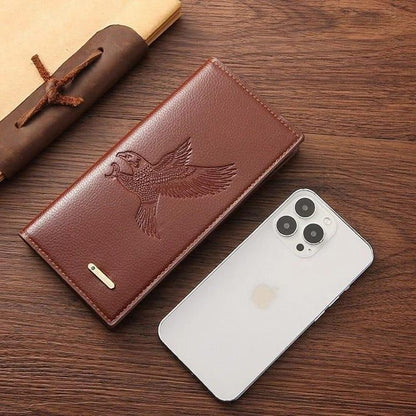 Luxury PU Leather Long Wallet for Men – Embossed Falcon Design