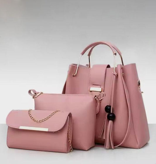 Trendy 3-Piece Brown Leather Handbag Set – Tote, Shoulder Bag & Chain Clutch for Women