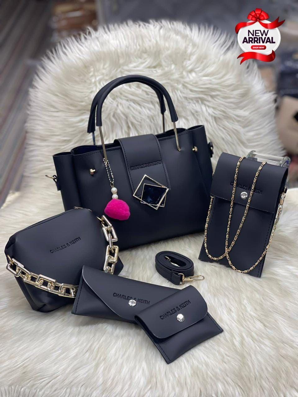 Luxury 5-Piece Black Handbag Set – Tote, Crossbody, Chain Shoulder Bag & Wallets for Women