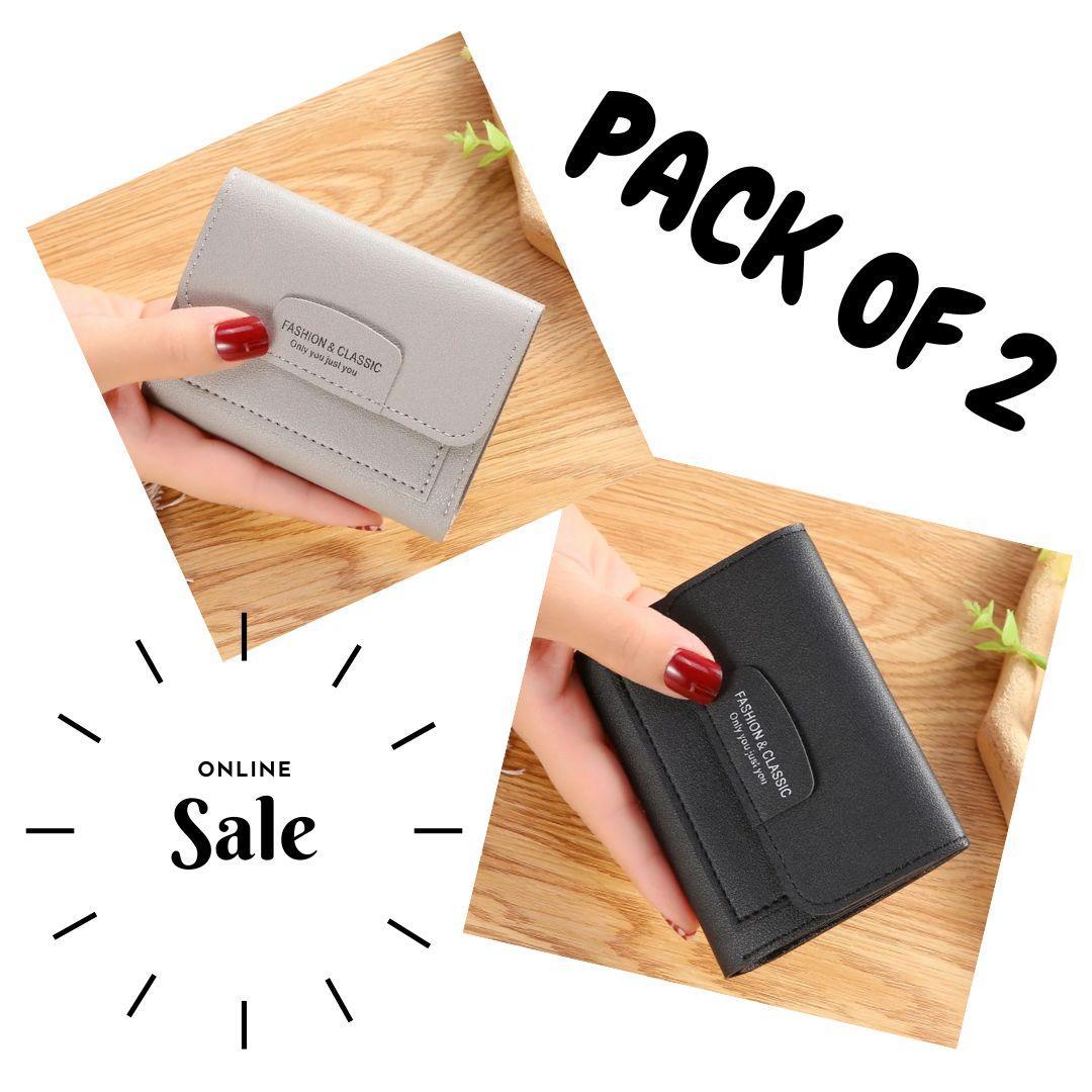 PU Leather Women’s Tri-Fold Wallet – Stylish Slim Pocket-Friendly Pack of 2 (Black & Grey)