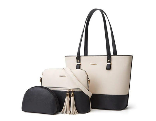 Elegant 3-Piece Pink & White Handbag Set – Tote, Crossbody & Pouch for Women