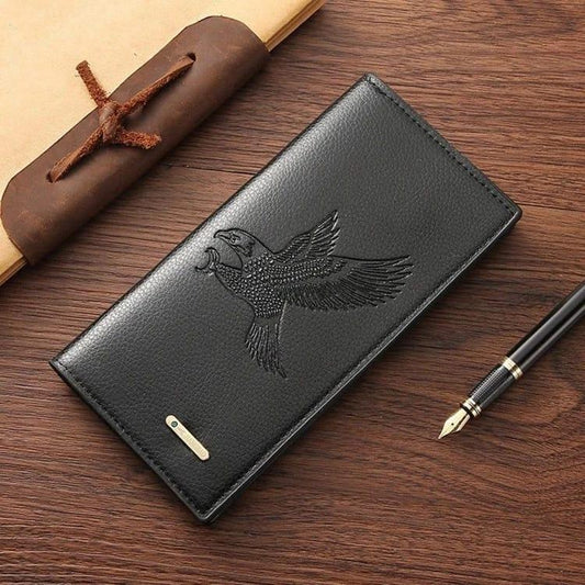 Luxury PU Leather Long Wallet for Men – Embossed Falcon Design